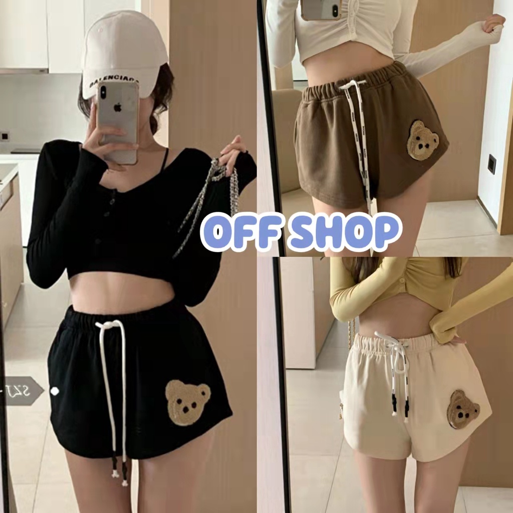 OFF SHOP พร้อมส่ง (OFF-KU-DX-XX-8820)กางเกงขาสั้น สีพื้นปักลายหมีผ้าใสสบาย น่ารักมากๆ