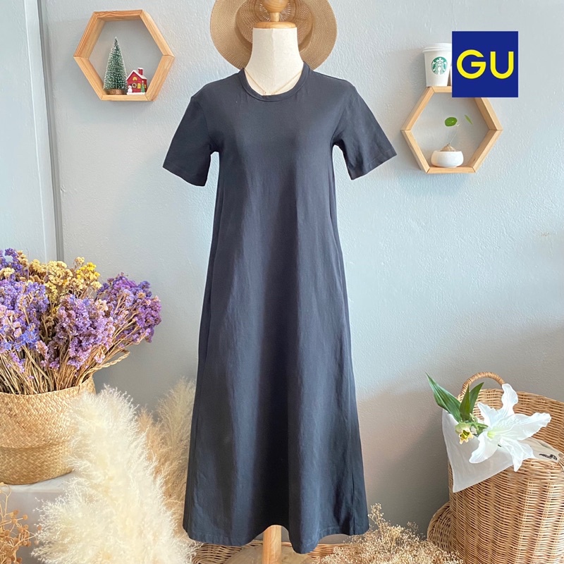 🇯🇵 GU เดรสมินิมอล มือสอง แบรนด์ญี่ปุ่นแท้💯% Size S (อก 34”) สีดำ 🖤 ทรงเอ ผ้าคอตตอน แขนสั้น มีกระเป๋า