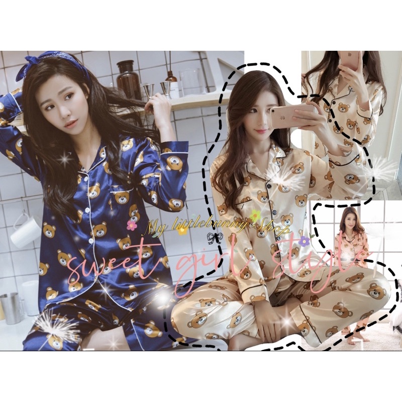 ･ .พร้อมส่งจากไทย * ชุดนอนผ้าซาตินแขนยาว ขายาวลายน้องหมี Mw006