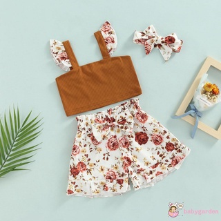 BABYGARDEN-3-24months Baby Girl Three-Piece Outfits, Sleeveless Ruffles Short Tops + Floral Pattern Stitching Bow Short Pants + Decorative Hairband Set