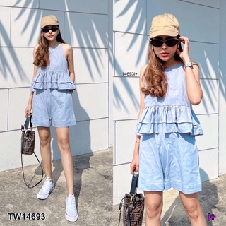 TW14693  Set 2 ชิ้น เสื้อสายเดี่ยว แต่งระบายชายเสื้อ + กางเกงขาสั้น มีกระเป๋าข้าง ซิปข้าง ปลายขาพับขึ้น เนื้อผ้าลินิน