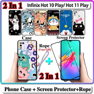 2 IN 1 เคส Infinix Hot 10 Play Hot 11 Play เคส พร้อมกระจกนิรภัยโค้ง ป้องกันหน้าจอเซรามิค แมวและโดราเอมอน