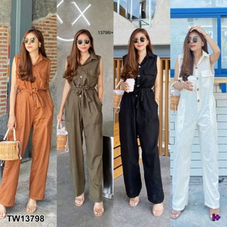 Jumpsuit จั๊มสูทยาว คอปก กระดุมหน้า แขนกุด