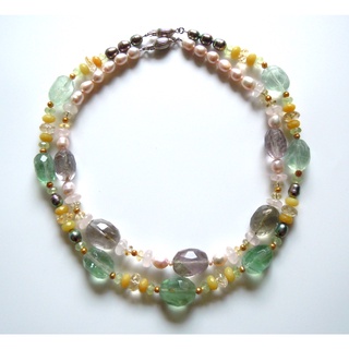 ชุดสร้อยคอ 2 เส้น หินฟลูออไรต์และมุกแท้ Fluorite &amp; Freshwater Pearl Double Stranded Necklace