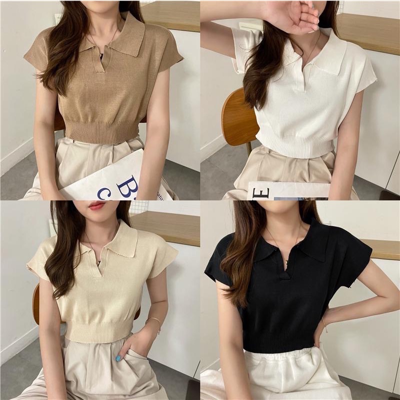 iknowshop เสื้อครอปไหมพรม แขนกุดคอปกหน้าวี - iknow.shop - ThaiPick
