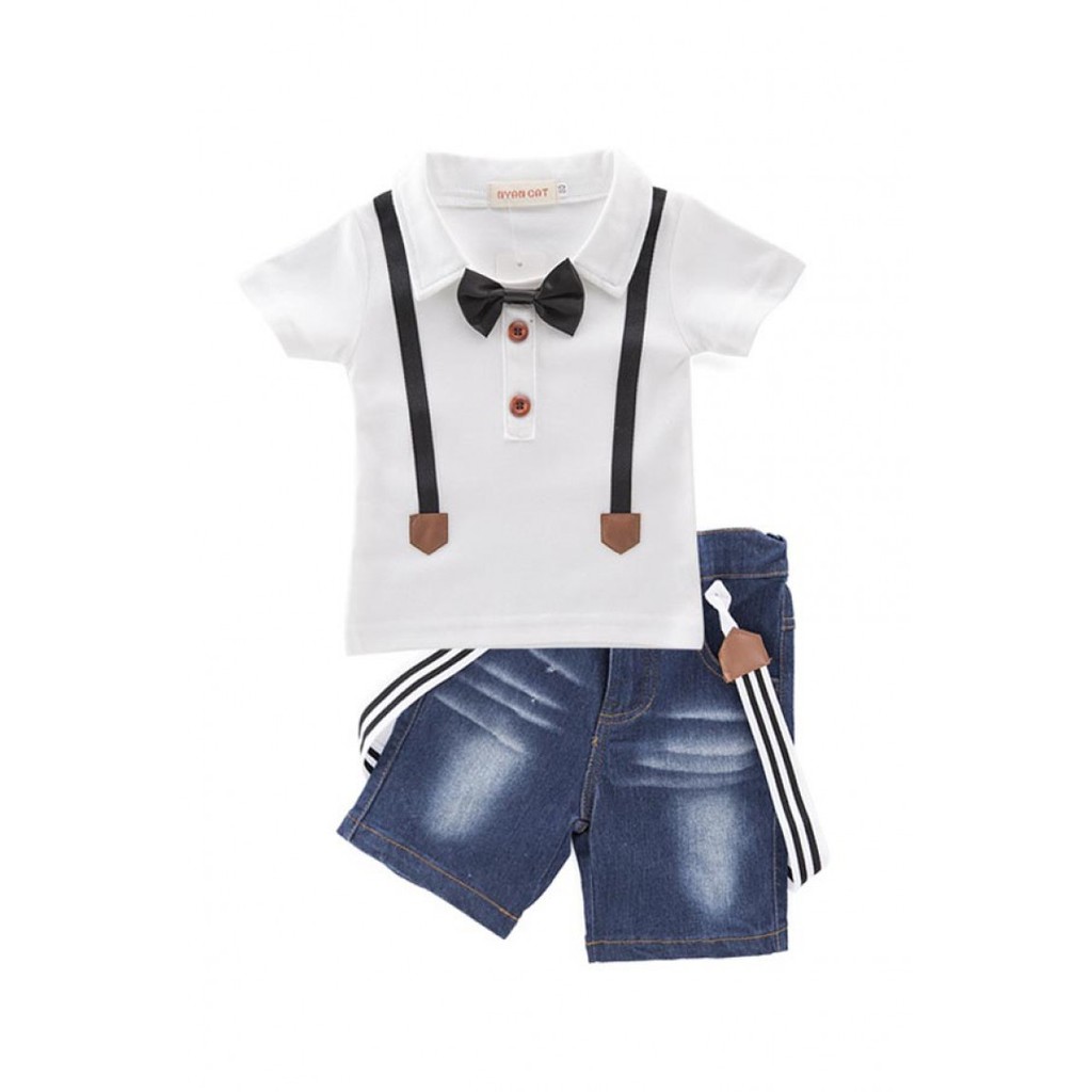 BABIES LABS BOW TIE TEE + STRAP PANTS - สีน้ําเงินเข้ม + สีขาว