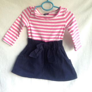 ชุดกระโปรงเด็กหญิง สีชมพูลายขวางแบรนด์ baby Gap ตัวกระโปรงสีน้ำเงิน Size 80 cm