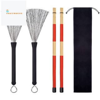 1 Pair Drum Brushes Retractable Wire Brushes Drums Drum Sticks Brush + 1 Pair Rods Drum Brushes Sticks Drum Stick Set