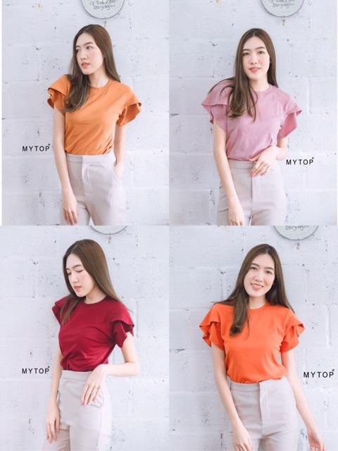 Mytop🔥G133 เสื้อยืดคอกลม แขนเป็นทรงกลีบบัว