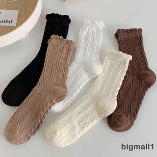 Bigmall-ถุงเท้าผ้าฝ้ายลูกไม้สีน้ําตาลพื้นแข็งสําหรับผู้หญิง