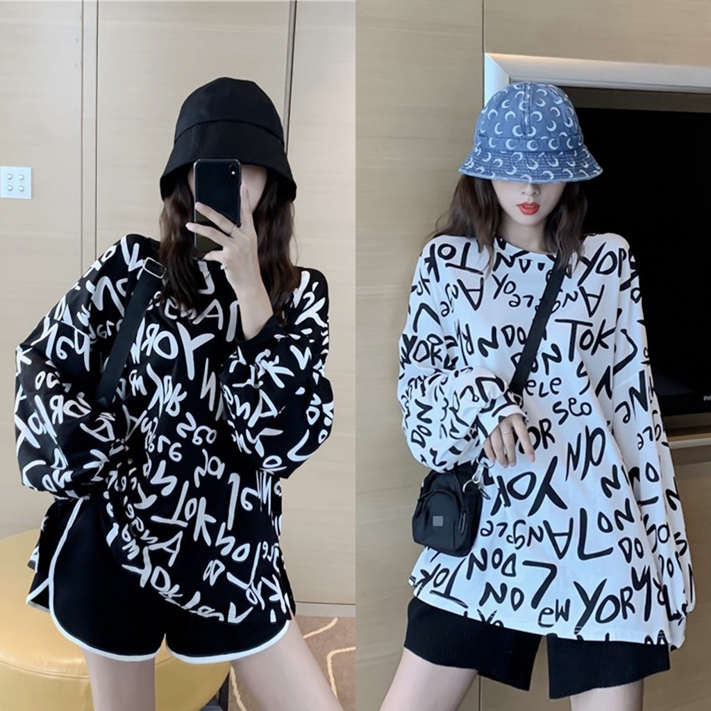Korean เสื้อแขนยาวแฟชั่นพิมพ์ลายตัวหนังสือภาษาอังกฤษ ทรงโอเวอร์ไซต์ แขนจั๊ม