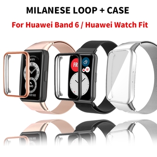 【Free เคส 】Magnetic Loop สาย Huawei band 6/honor band 6 นาฬิกาอัฉริยะสาย For Huawei Watch Fit วัสดุ สแตนเลสสตีล าข้อมือ สาย เคสซิลิโคน