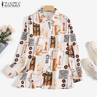 Zanzea เสื้อเชิ้ตแขนยาวลําลอง คอปก ทรงหลวม พิมพ์ลาย แต่งกระดุม สไตล์เรโทร สําหรับผู้หญิง