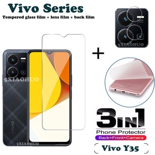 (3 In 1) Vivo Y35 Y02S กระจกนิรภัยใส ป้องกันหน้าจอ + ฟิล์มกล้อง + ฟิล์มด้านหลัง สําหรับ Vivo Y01 Y76 5G Y73 ฟิล์มกระจกนิรภัย