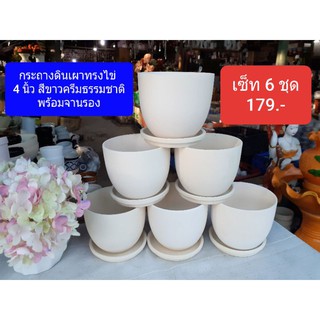 กระถางดินเผาทรงไข่ 4 นิ้ว สีขาวครีมธรรมชาติ พร้อมจานรอง เซ็ท 6 ชุด 179.-