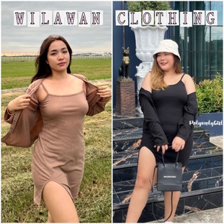 Sweety set Plus size  พร้อมส่ง ชุดเซ็ตเดรสสายเดี่ยว + เสื้อคลุมแขนยาว ผ้าไหมพรมร่องนิ่ม ยืดได้เยอะ ใส่สบาย