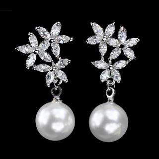 Fashion S925 Color CZ Crystal White Drop Simulated Pearl Earrings With Zirconia Flowers For Brides