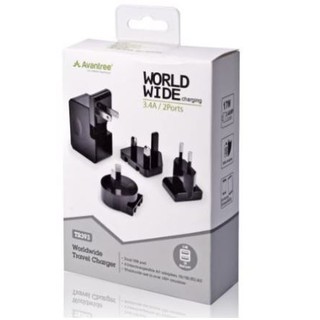 Avantree TR393 หัวแปลงปลั๊ก 3.4A พร้อมที่ชาร์จ USB 2 ตัว Dual USB Travel Charger Adapter (EU/UK/US)