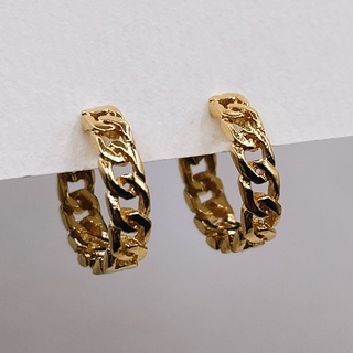 Slim Curb Chain Huggies, 18K Gold Plated Sterling Silver Earrings E0139 | เงินแท้ 925 ชุบทองเเท้ 18 กะรัต