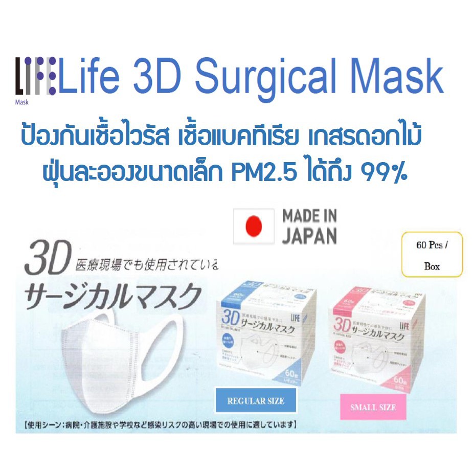 นำเข้าจากญี่ปุ่น! หน้ากากอนามัย 3D 60 ชิ้น Life 3D Surgical Mask ป้องกันเชื้อไวรัส แบคทีเรีย เกสรดอกไม้ PM2.5 ได้ 99%