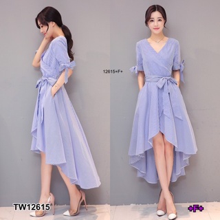 Dress เดรสลายริ้วหน้าสั้นหลังยาว + สายผูกเอวTT12615