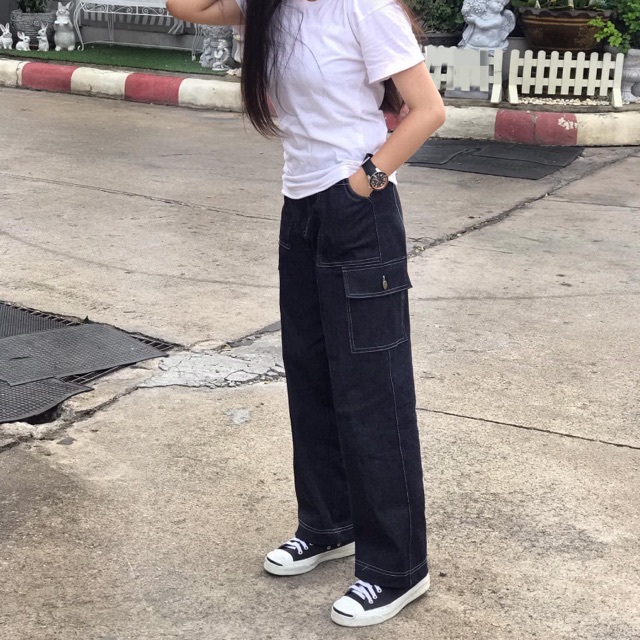 กางเกงขากระบอกทรงช่างวินเทจ เอวยางยืด