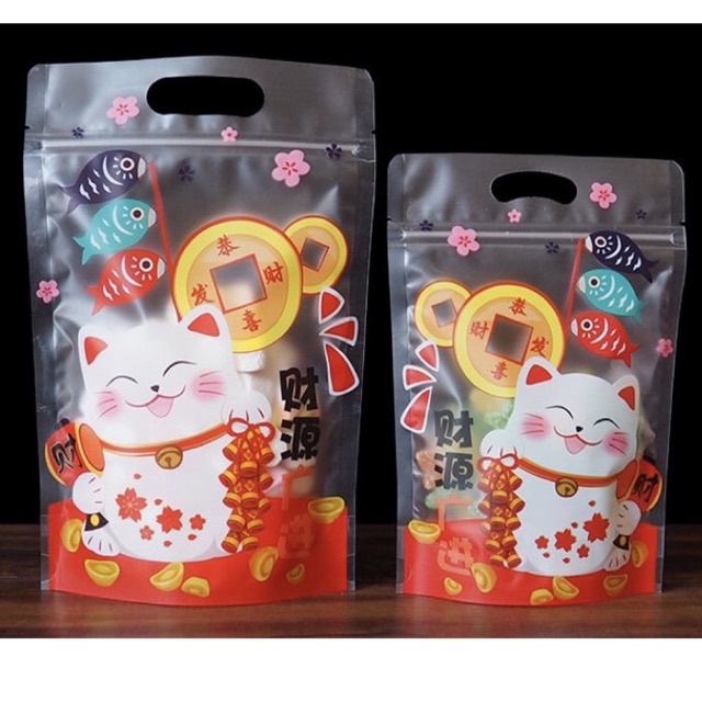 (10ใบ) (Zs-5)ถุงซิปก้นตั้ง มีหูหิ้ว แมวกวัก มงคล น่ารัก ลายการ์ตูน