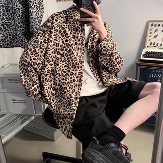 เสื้อเชิ้ตแขนยาวลําลอง ทรงหลวม พิมพ์ลายเสือดาว เข้ากับทุกการแต่งกาย สไตล์ญี่ปุ่น ฮาราจูกุ แฟชั่นฮิปฮอป สําหรับผู้ชาย [M-3XL]