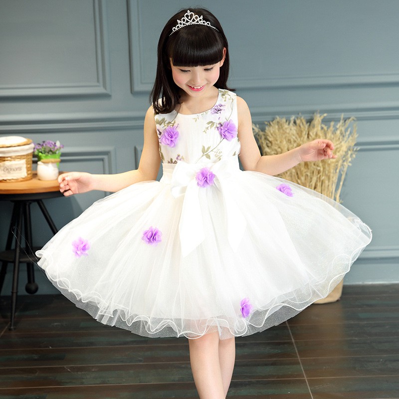 ชุดเดรส ชุดราตรีเด็กผู้หญิงสีขาวแต่งดอกไม้สี (พร้อมส่งในไทย) - รูปที่ 2