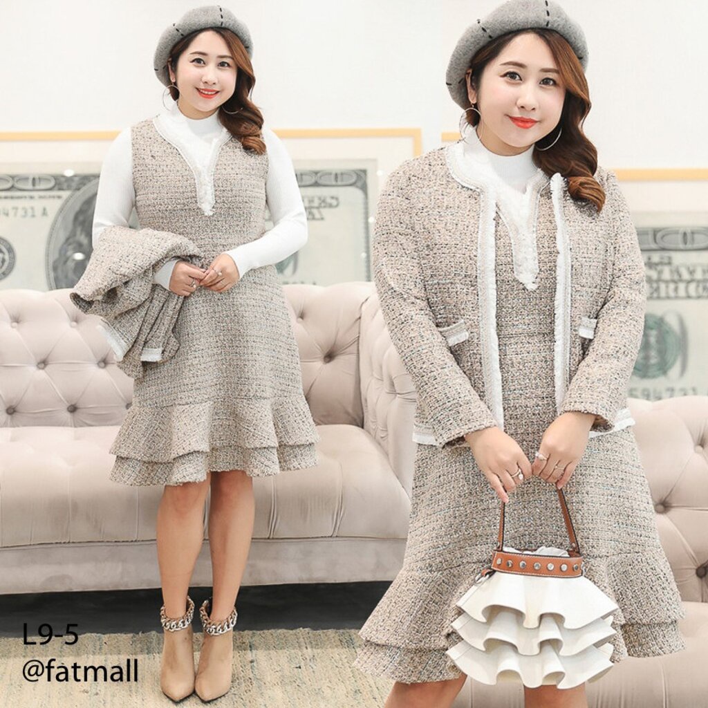 L9-6 ชุดสูทผ้าทวิตไซส์ใหญ่ XL-4XL เซต2ชิ้นเสื้อสูทแขนยาว +เดรสแขนกุดไซส์ใหญ่ ชุดสูททำงานสาวอวบ ชุดเซ