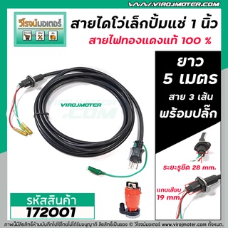 สายไดโว่เล็ก 1 นิ้ว ( ปั้มแช่ 1 นิ้ว ) สายไฟ 3 เส้น ยาว 5 เมตร  ( ทองแดงแท้ 100 % ) หัวรีรูปไข่  มีปลั๊กในตัว   #172001