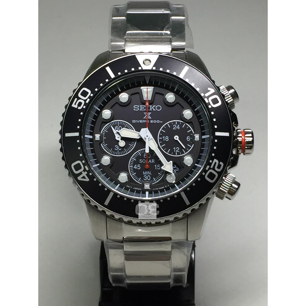 นาฬิกา ไซโก้ ผู้ชาย Seiko Solar Sport Chronograph diver 200M รุ่น SSC015P1 หน้าปัดสีดำ สายสีเงิน ของเเท้ 100% CafeNalika