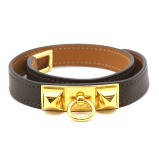 Pre-owened Hermes Double Leather Bracelet Rival de Bourtour 15.5 cm Dark Brown Gold นำเข้าจากญี่ปุ่น