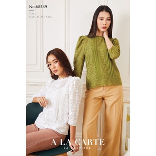 เสื้อชีฟองสีพื้นงานปัก #68589 ปักฉลุถมด้าย ลายหรู ลำตัวตัดต่องานปักและชีฟองตีเกล็ด ทรงคอกุ๊นกว้างและใส่เชิงระบายปักรอ...