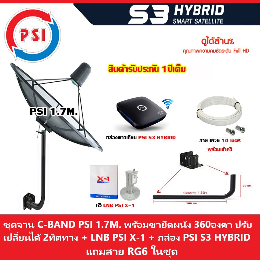 ชุดจานดาวเทียม Thaisat 1.5M.(ขายึด360องศา) + LNB PSI X-1 + กล่อง psi s3 hybrid แถมสายRG6 10เมตร.