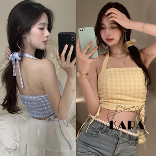 Women Sexy Tank Tops Halter Plaid Printed Chic Korean Fashion Camisole Cami Tops