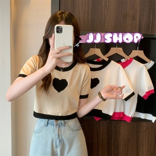 JJ Shop​💜​พร้อมส่ง  เสื้อ ไหมพรมครอปสั้น  แขนสั้น ดีเทลหัวใจตรงกลางเกาหลีมาก "99023"