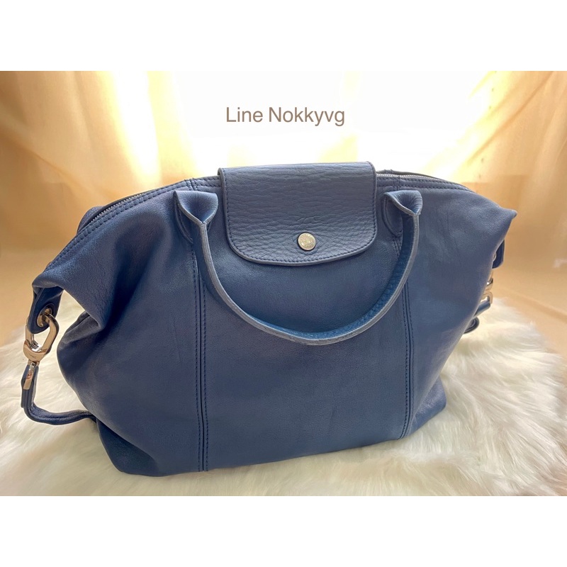 Longchamp Le Pliage Leather Cuir Top Handle Bag size M - Blue อะไหล่เงิน