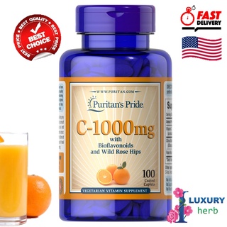 อาหารเสริมต่อต้านอนุมูลอิสระ Vitamin C-1000 mg with Bioflavonoids and Rose Hips100 เม็ด Puritans Pride