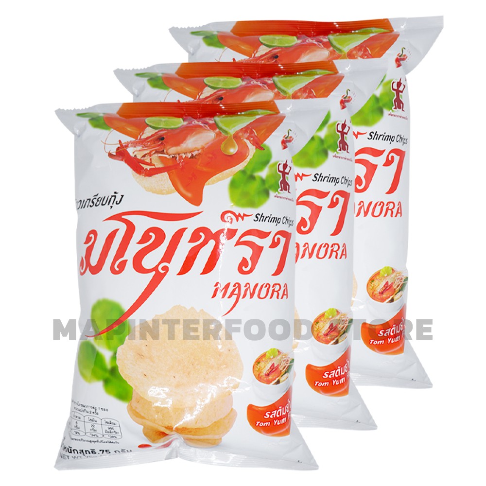 ใหม่* มโนห์รา ข้าวเกรียบกุ้ง รสต้มยำ บรรจุถุง 75 กรัม (จำหน่ายแพ็ค 3 ห่อ)