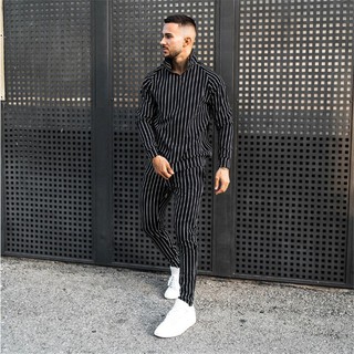 New Fashion Spring Autumn Casual Mens Suit Hot Selling Style Striped Plaid Jacket Trousers For Men Hip-Hop Stand Collar Sets