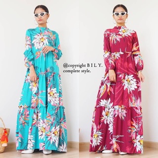 maxi dress ตัวยาว เนื้อผ้าน้ำหนักดีพริ้วทิ้งตัว ทอลายดอกไม้