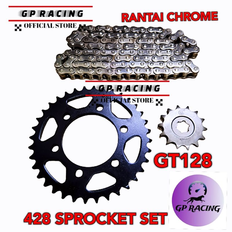 428 SpROCKET GT128 SIP RANTAI CHROME KROME SPROCKET DEPAN BELAKANG GT128 "GP RACING"