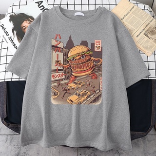 เสื้อยืด 2021 hot Ukiyoe Japan Style Burgerzilla Tee Shirt Harajuku Retro T Shirts Summer Street Tee Shirt Tops Casual