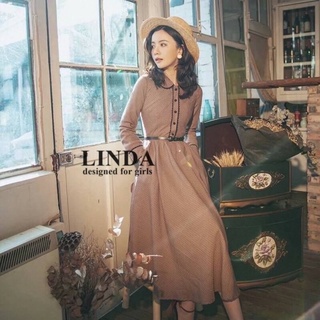 Linda : เดรสยาวผ้าลายสีน้ำตาลสไตล์เกาหลี