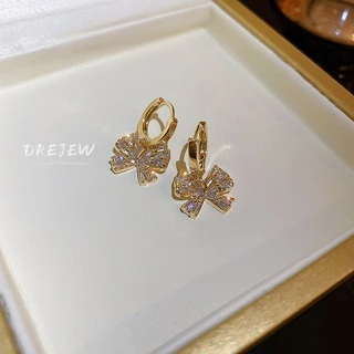 DREJEW ต่างหูแฟชั่น ทอง 18K ประดับโบว์ เพทาย กันแพ้ ระดับไฮเอนด์