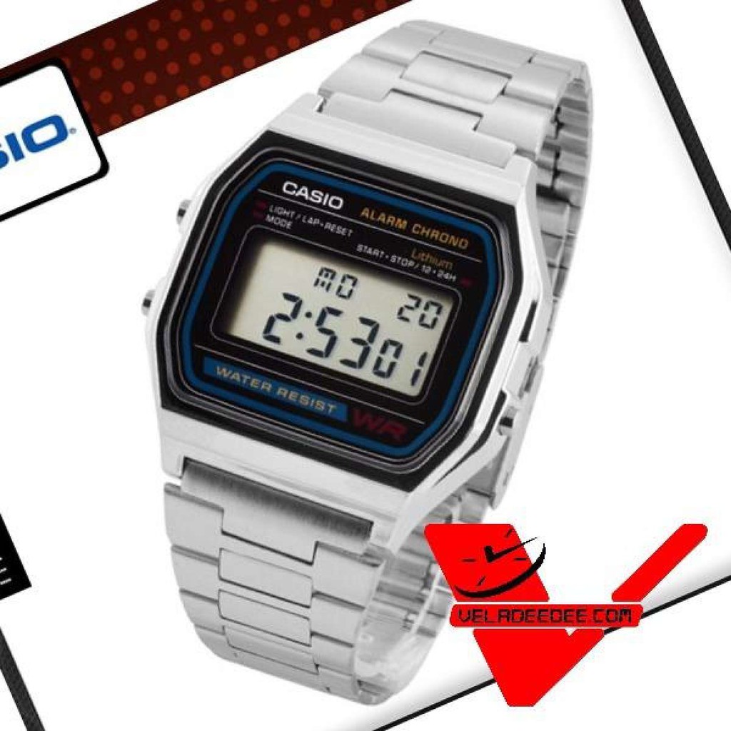 Casio นาฬิกาข้อมือผู้ชาย สีเงิน สายสแตนเลส รุ่น A158WA-1DF - สีดำ/เงิน