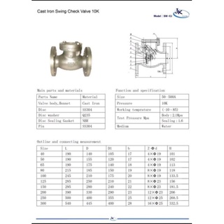 สวิงเช็ควาล์ว เหล็กหล่อ หน้าแปลน Jis 10K