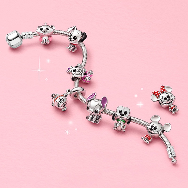 Dinglly Mickey Minnie Gelang Stitch ลูกปัด clownfish Silver Color Charm สร ้ อยข ้ อมือผู ้ หญิงสีแดงเคลือบคริสตัลเครื ่ องประดับ