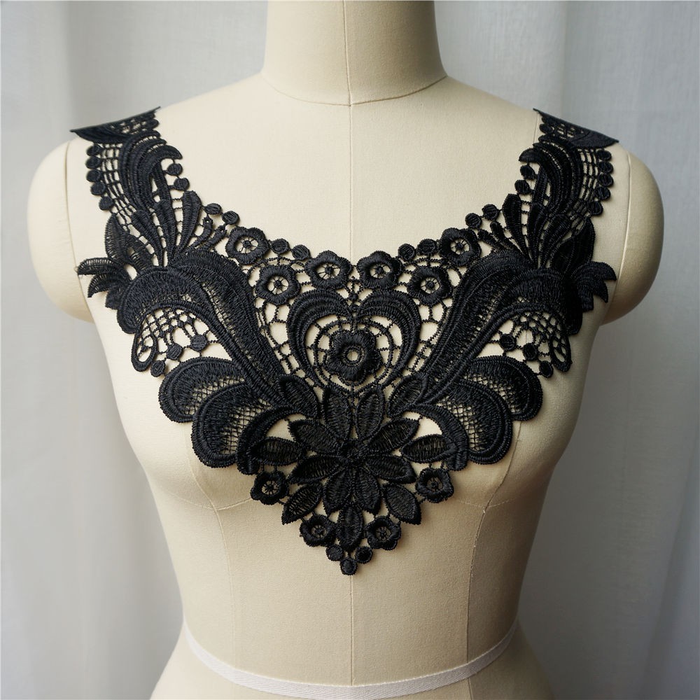 เย็บปักถักร้อยสีดําลูกไม้ Applique เย็บผ้าฝ้าย Patch ชุดแต่งงานชุดเจ้าสาว DIY ผ้า